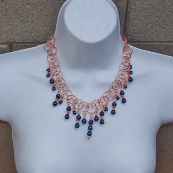 Handmad Blue Faux Pearl Statement Necklace With Copper Coated Brass Hoop Chains - Picture 6 of 6